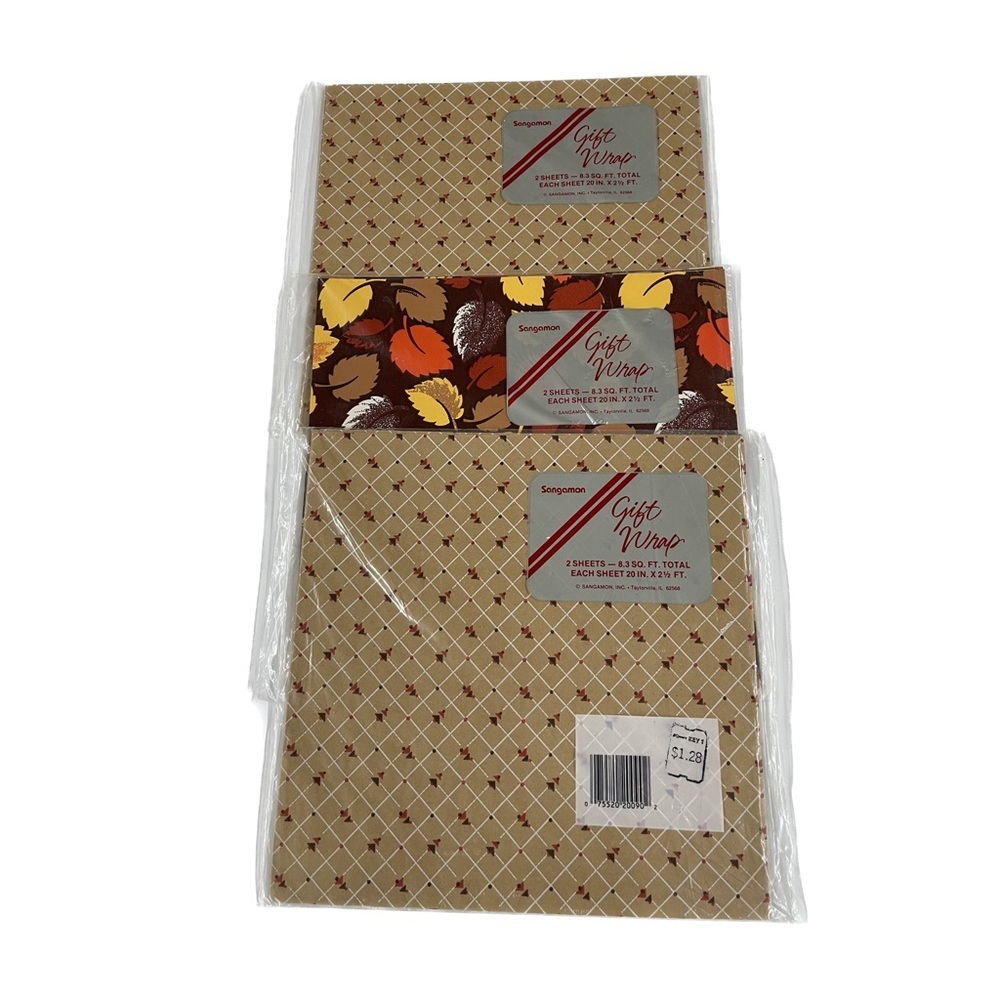 Vintage 1980's Sangamon Earth Tone Leaves Gift Wrap Wrapping Paper 3 pcs Sealed
